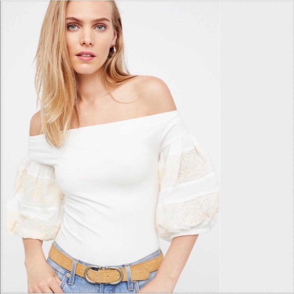 Free People Ivory Off Shoulder Lace Balloon Sleeve Top Size M